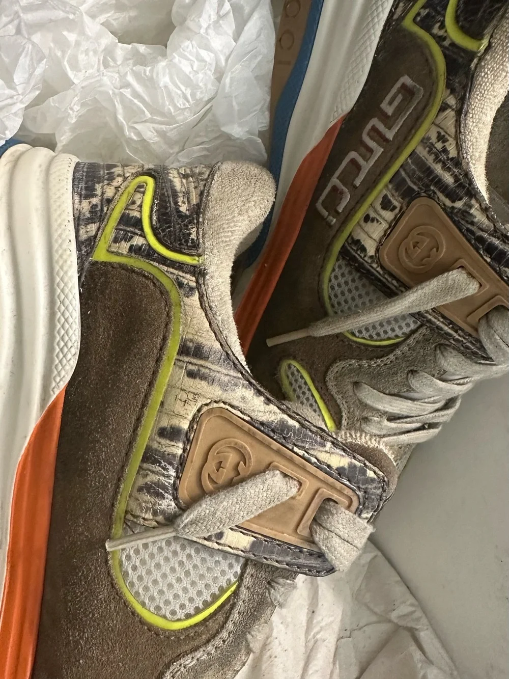 Gucci Beige Lime Green Ultrapace Sneakers
